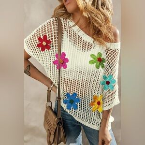 NWOT White Cable Gauge Crochet Flower Hollow-Out Top Size Large